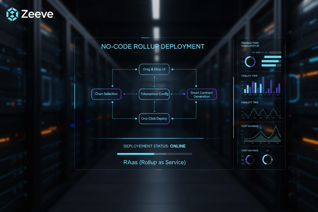 Sleek modern dashboard UI showcasing one-click no-code rollup deployment for blockchain startups in Rollup-as-a-Service (RaaS) platforms like Zeeve