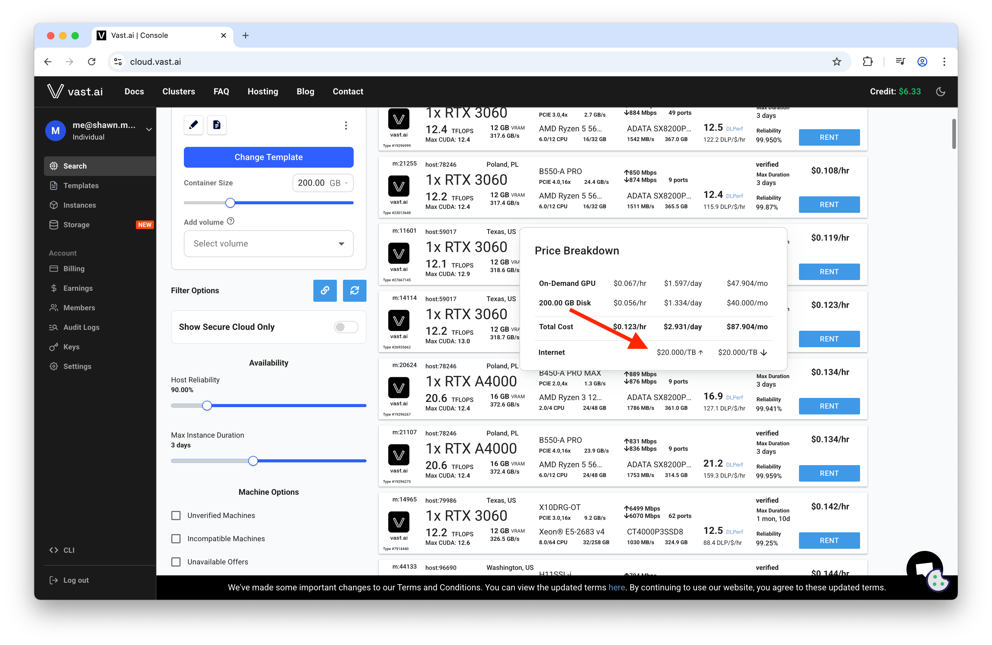 Sleek gpumarketdepin.com dashboard screenshot showing RTX 4090 GPU marketplace listings with filters for price, location, uptime, and DePIN rentals