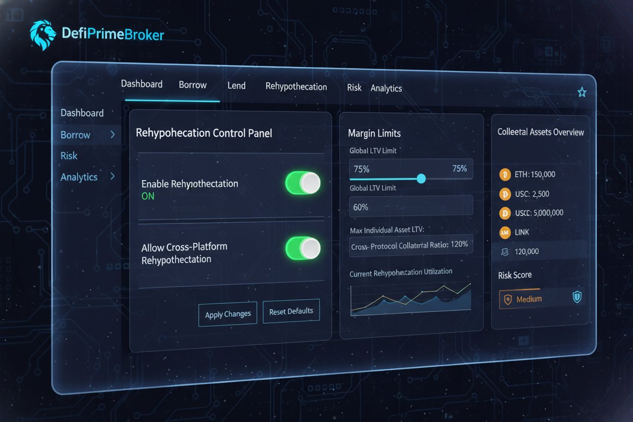 Sleek DefiPrimeBroker.com dashboard interface highlighting rehypothecation toggles, margin limits, and controls for DeFi prime brokerage trading