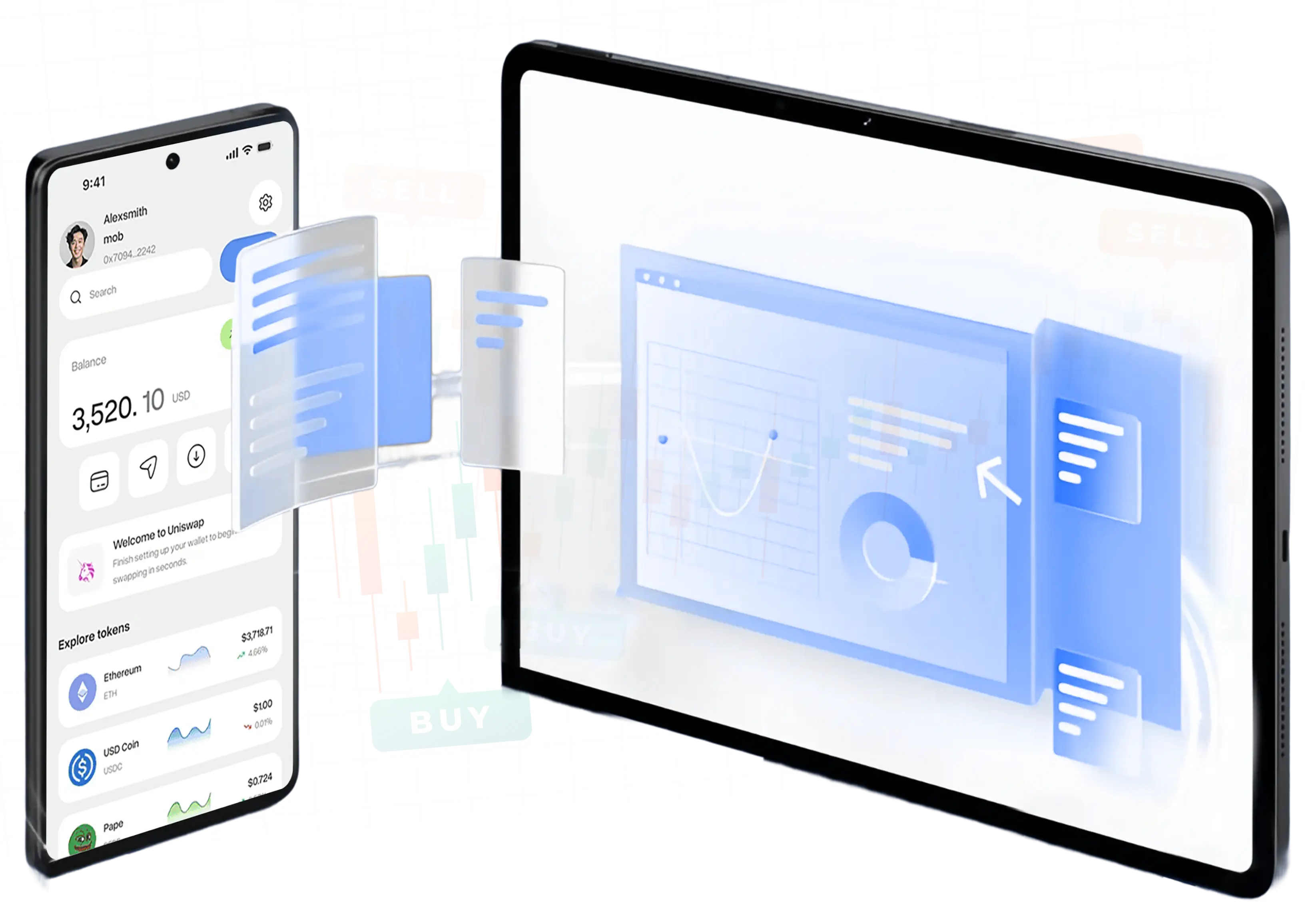 Sleek digital interface of on-chain neobank app displaying asset management dashboard with blockchain visuals and crypto wallet balances