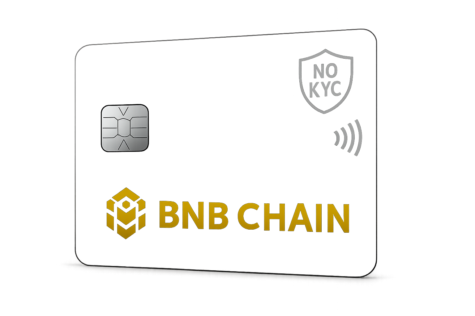 Sleek black no-KYC crypto debit card digital render featuring BNB Chain logo and privacy shield icon for anonymous BNBCard spending on BNB Chain 2025