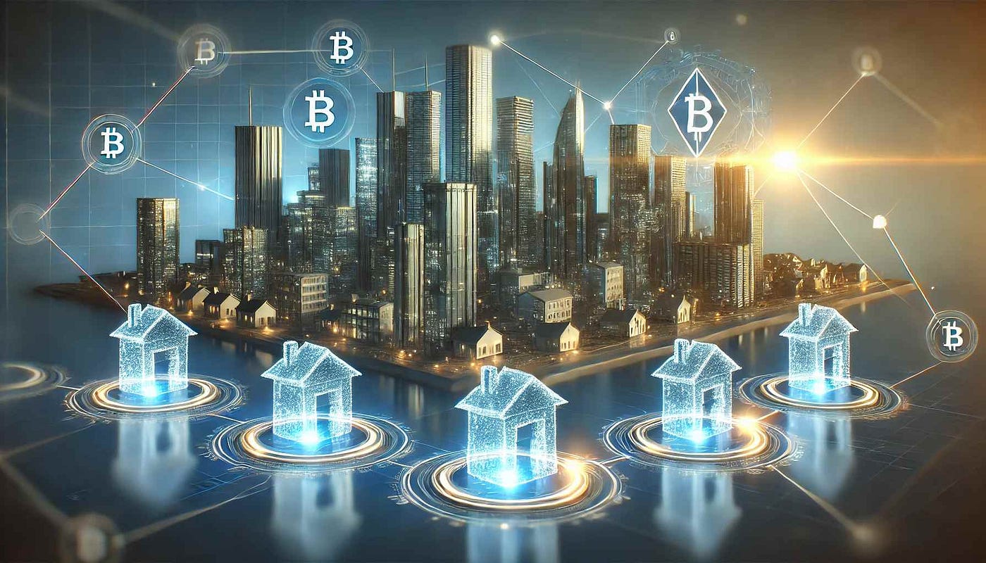 Futuristic digital rendering of glowing skyscraper with blockchain nodes and fractional token overlays symbolizing real estate tokenization and fractional ownership in 2025