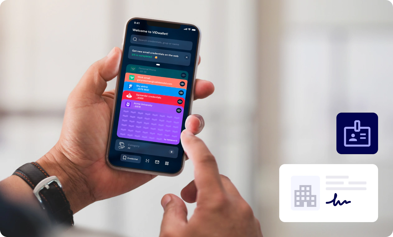 Sleek smartphone screen showing self-sovereign identity (SSI) digital wallet interface with portable verifiable credentials like digital passports and diplomas