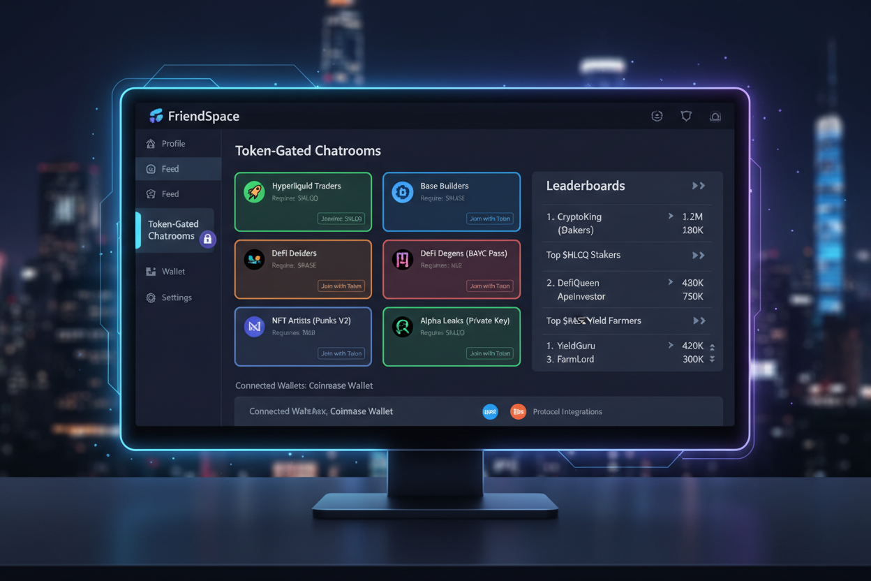 Sleek FriendSpace dashboard interface displaying token-gated chatrooms, creator leaderboards, and Hyperliquid trading integration on Base blockchain SocialFi platform