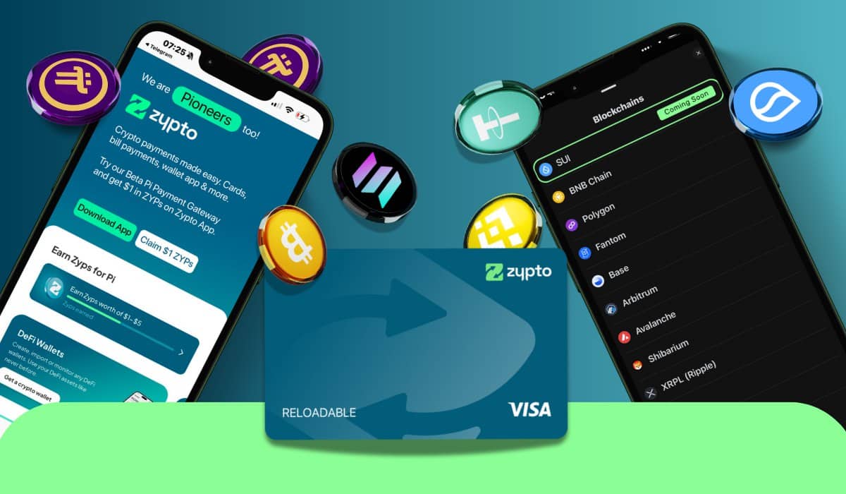 Sleek graphic of smartphone crypto wallet sending USDC onchain to glowing virtual Visa debit card with blockchain nodes background, illustrating easy top-up from wallet balance