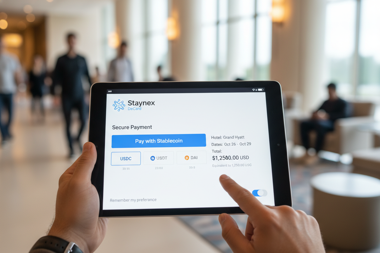 Sleek Staynex hotel booking interface with DeCard stablecoin payment options, USDT USDC crypto checkout for worldwide hotels