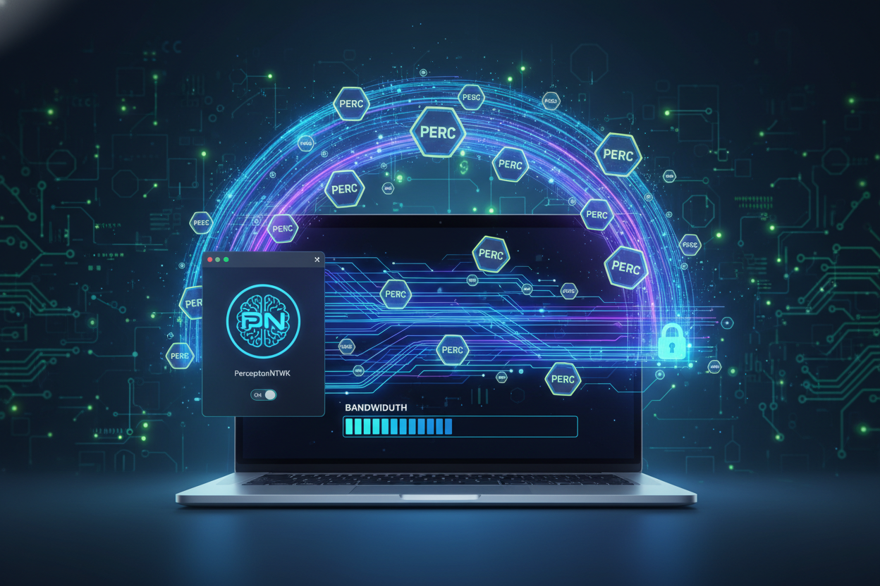 Sleek digital illustration of Perceptron Network browser extension icon activating on a laptop screen, visualizing bandwidth sharing waves and accumulating PERC tokens for AI data contribution