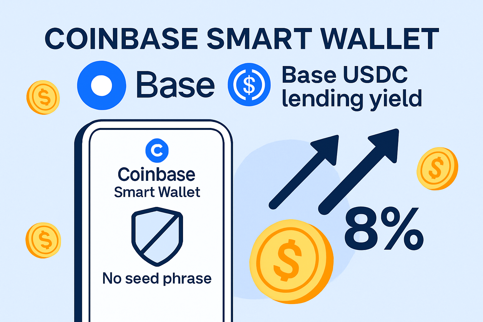 Sleek illustration of Coinbase Smart Wallet on Base enabling seamless USDC lending and yield earnings without seed phrases