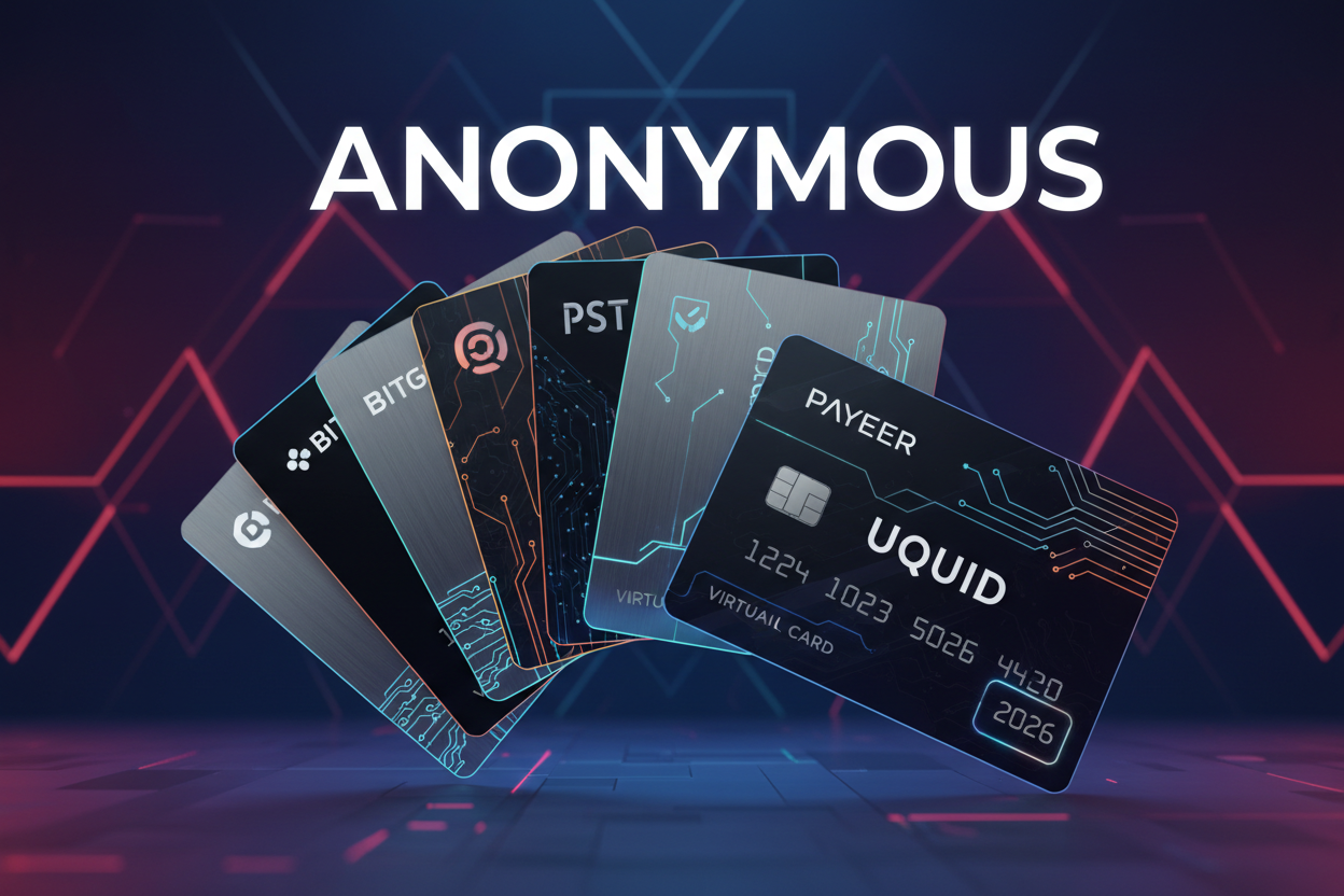 Sleek futuristic illustration of top privacy stablecoin cards like Bitget Wallet Card, RedotPay USDT Card, PST.NET, PlasBit, Uquid, Volet, Payeer, Holyheld enabling anonymous crypto on-ramp off-ramp transactions in 2026