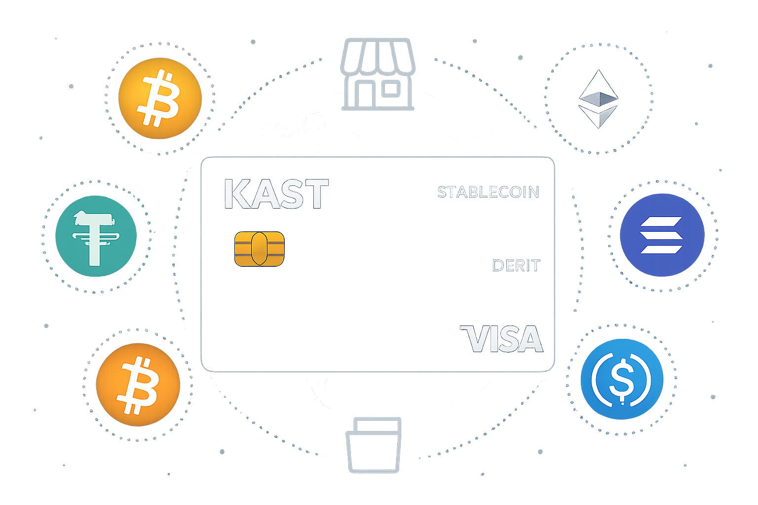 Sleek KAST privacy-focused stablecoin Visa debit card with crypto icons and global merchant backdrop for anonymous off-ramps 2025