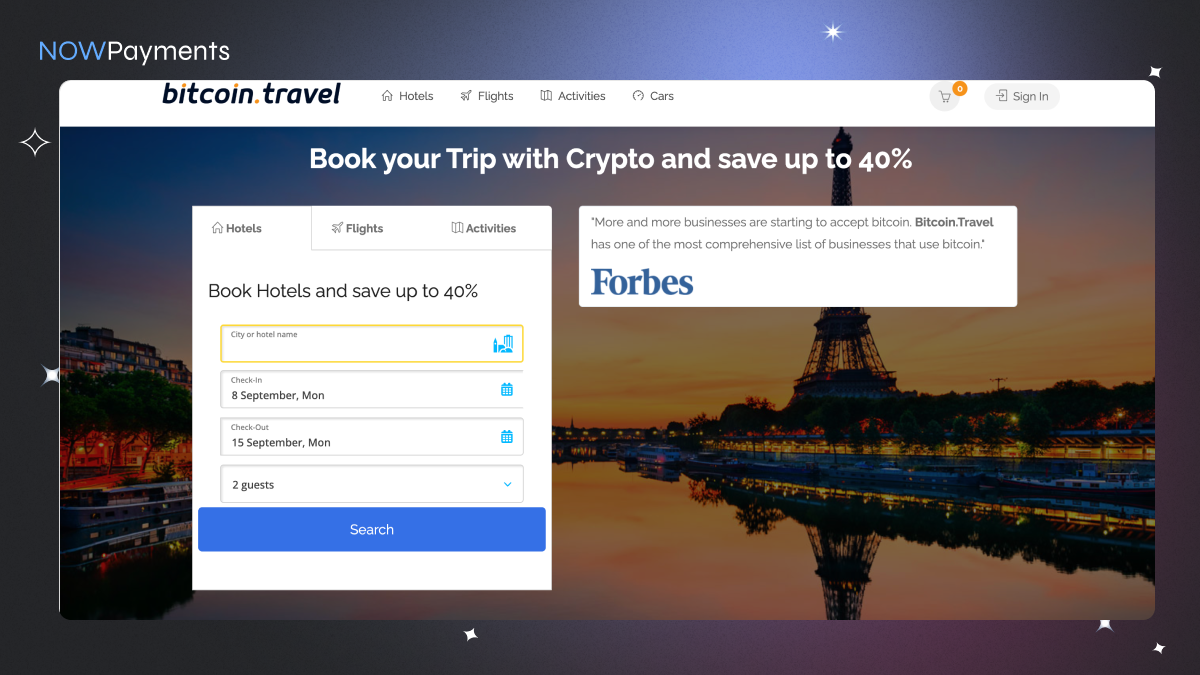 Sleek laptop screen displaying USDT stablecoin payment for hotel and flight booking on Travala.com or Trip.com crypto travel platform with onchain trip insurance