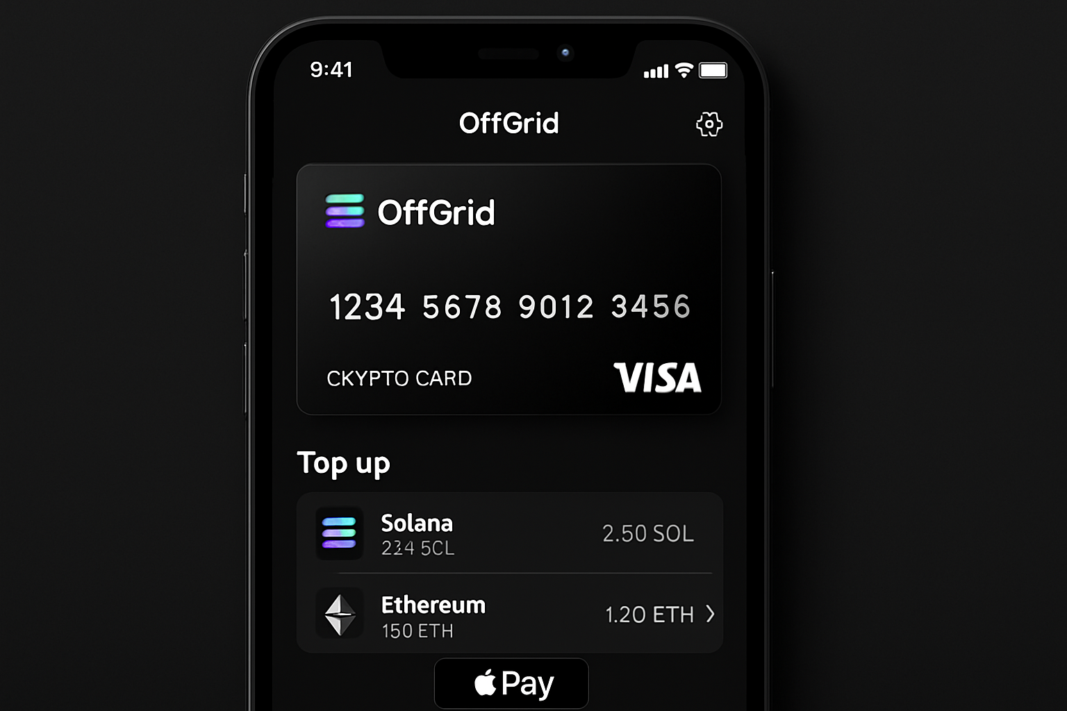 Sleek OffGrid No-KYC crypto debit card app interface displaying SOL and ETH top-ups with seamless Apple Pay integration for anonymous spending