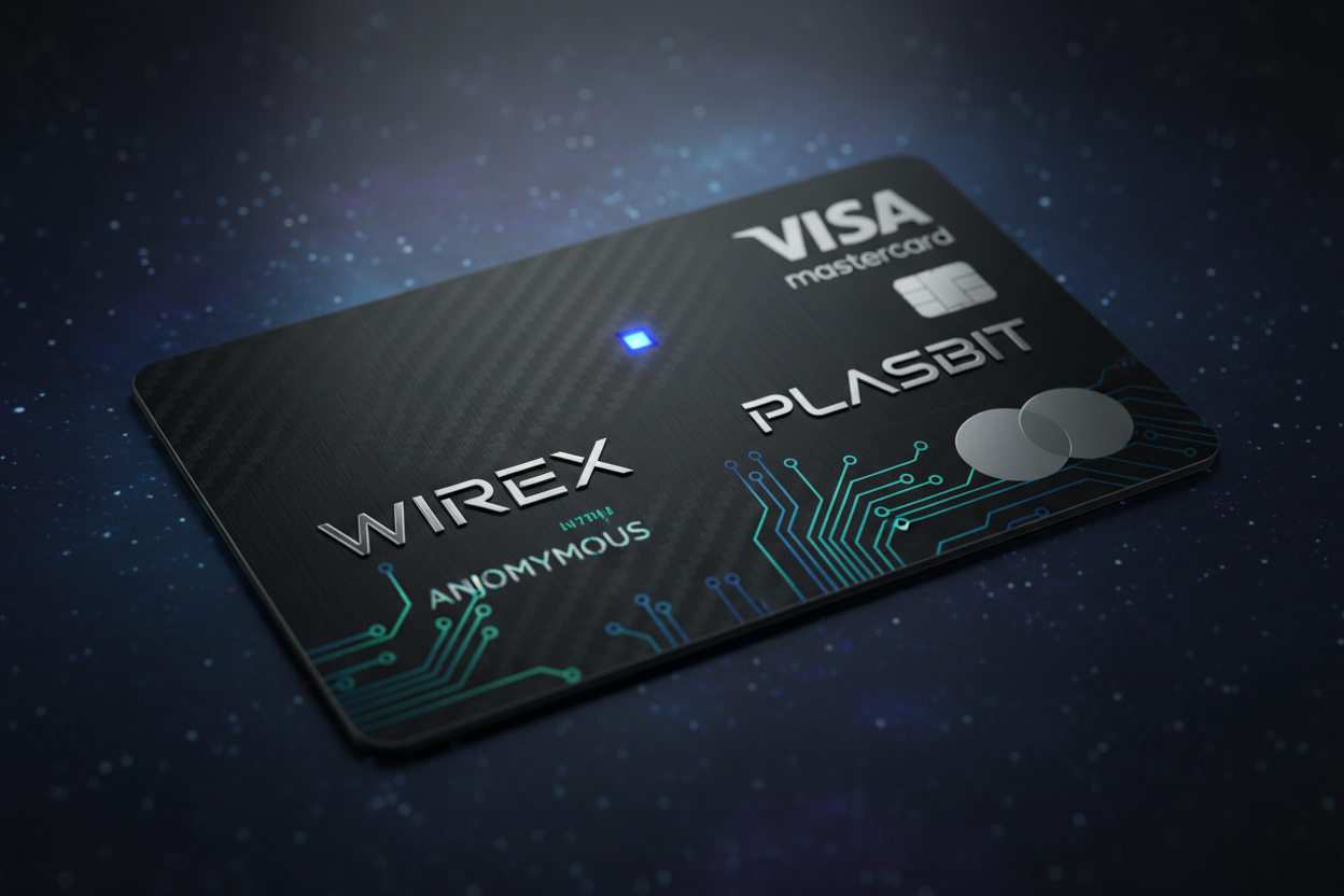 Sleek private stablecoin off-ramp debit card with Visa Mastercard logos on dark background for anonymous 2026 fiat conversions Wirex PlasBit Zypto