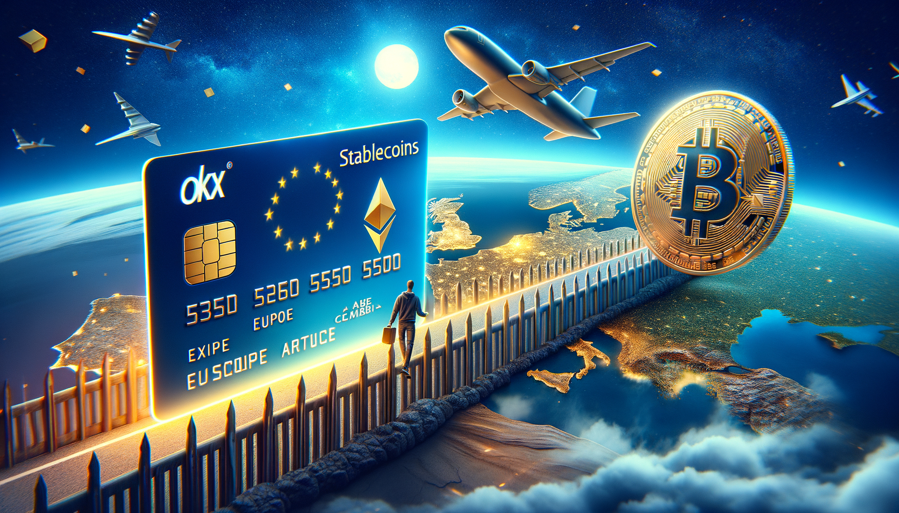 Sleek OKX stablecoin debit card tapped at a stylish European cafe counter for private off-ramp spending, featuring privacy lock icon and euro stablecoin branding