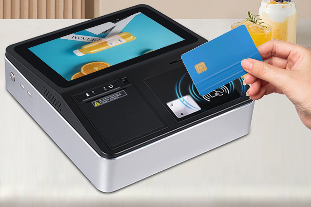 Sleek USDC Lightning POS terminal in bustling restaurant showing NFC tap and QR code scan for contactless crypto payments