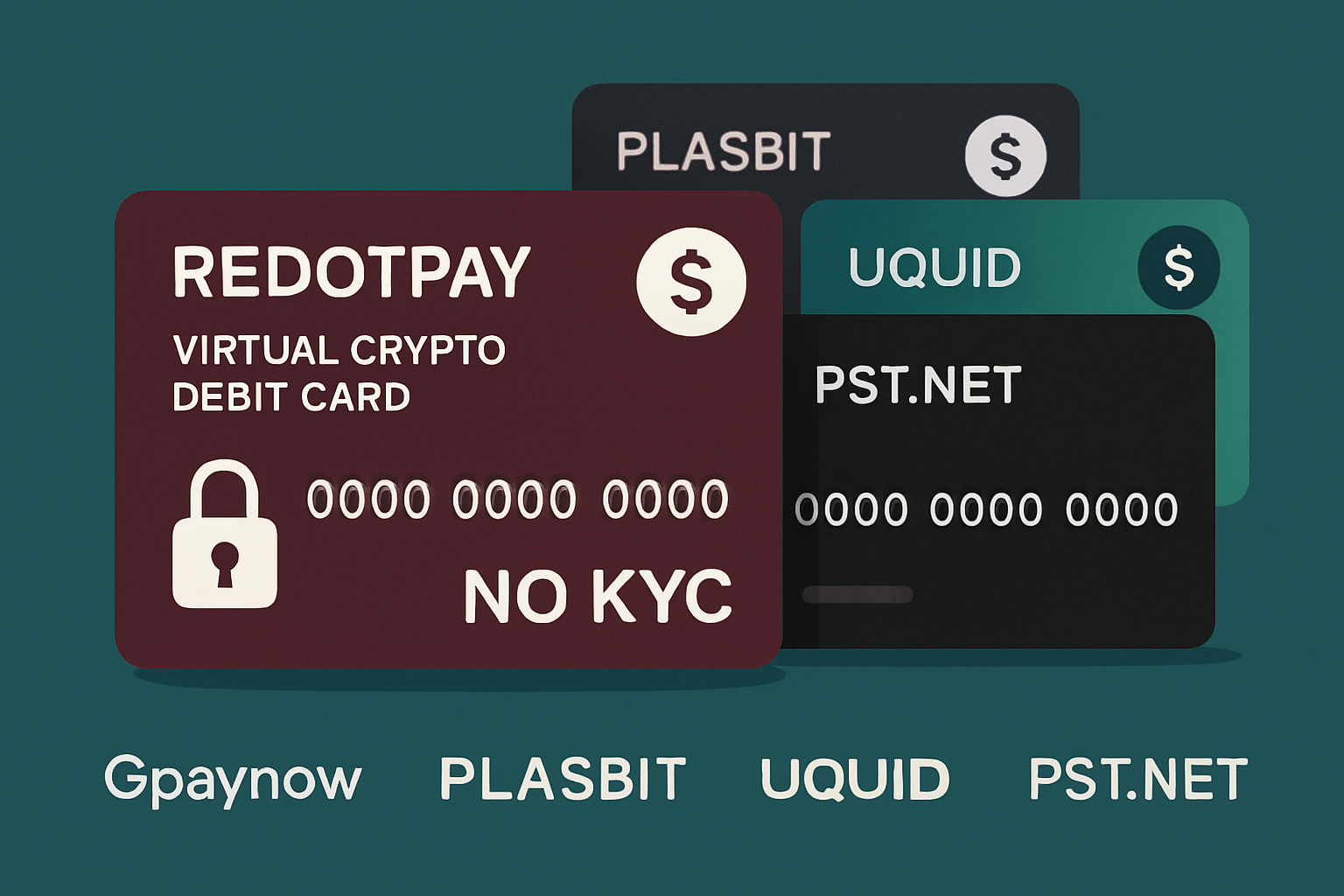 Sleek virtual zero-KYC stablecoin debit card loaded with USDT USDC privacy lock icon global Visa Mastercard acceptance RedotPay PlasBit Uquid PST.NET Gpaynow