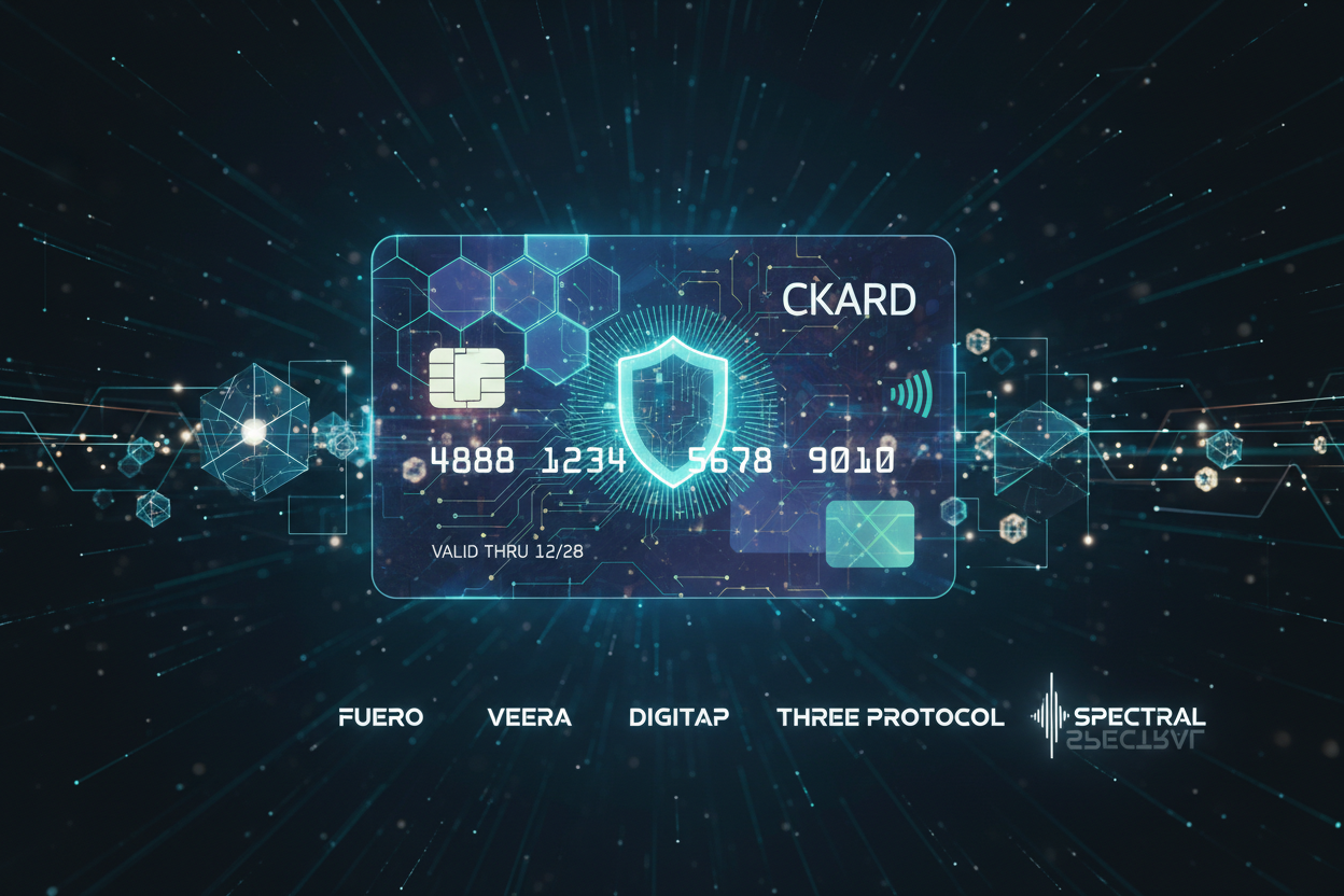 Sleek virtual no-KYC crypto credit card with glowing on-chain privacy score shield and blockchain nodes background, representing top 2026 cards like Fuero, Veera, Digitap, Three Protocol, Spectral Finance