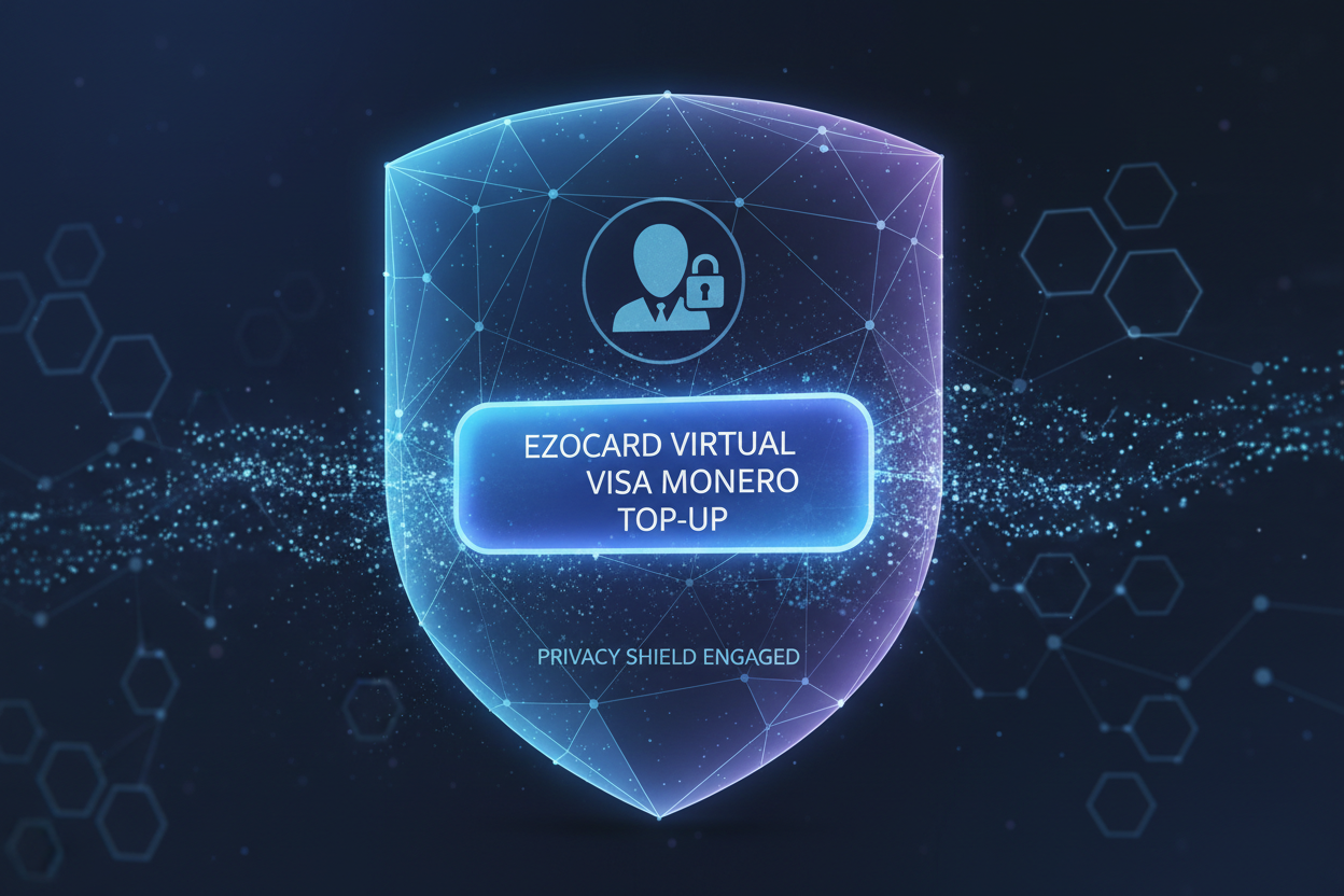 Sleek Ezzocard virtual Visa card interface with Monero XMR top-up button and privacy shields for anonymous no-KYC spending 2026