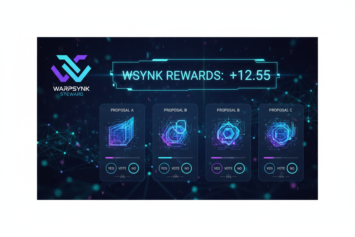 Sleek WarpSynk Steward NFT artwork featuring overlaid DAO governance voting interface and WSYNK reward ticker for lifetime voting rights