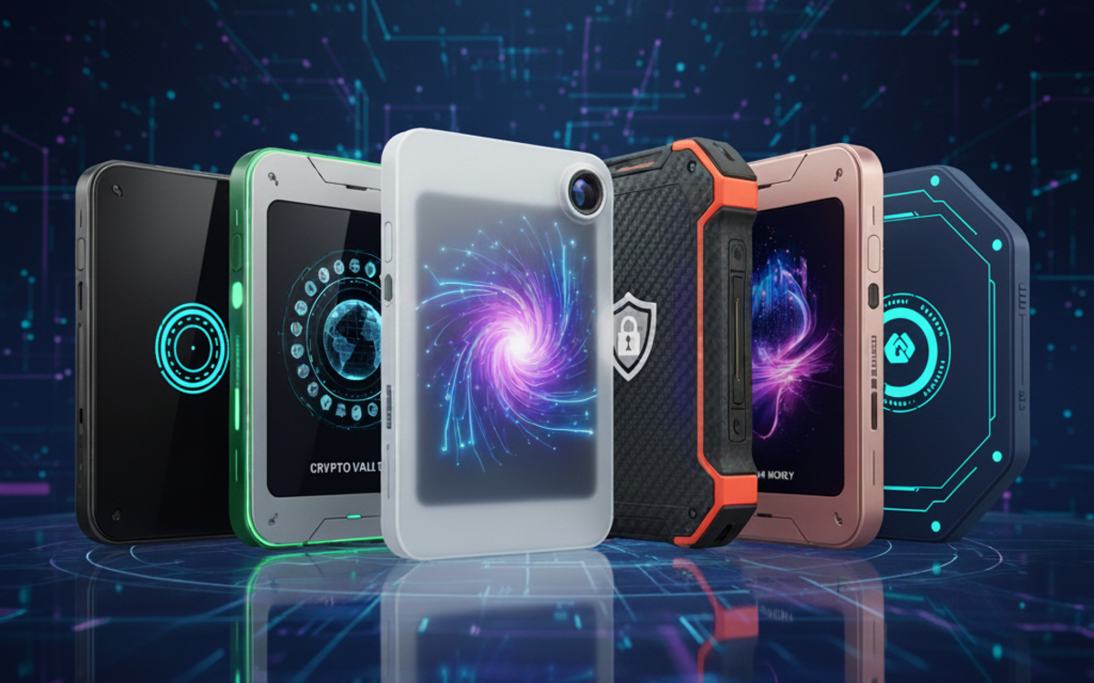 Smartphone displaying biometric Face ID or fingerprint authentication for a seedless Solana crypto wallet, emphasizing secure WebAuthn passkey login without seed phrases