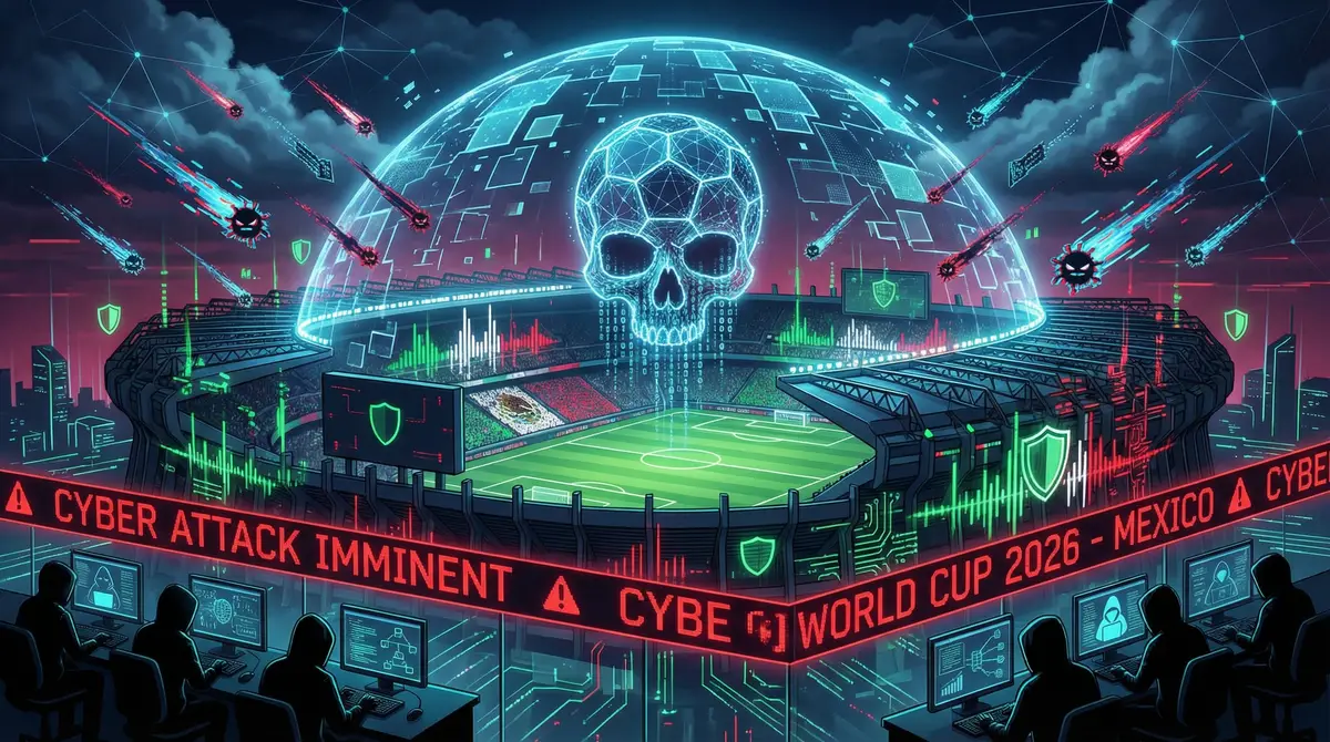 Soccer stadium packed with cheering fans overlaid with glowing blockchain nodes and digital prediction market interfaces, representing SportFi on-chain soccer betting innovation 2026