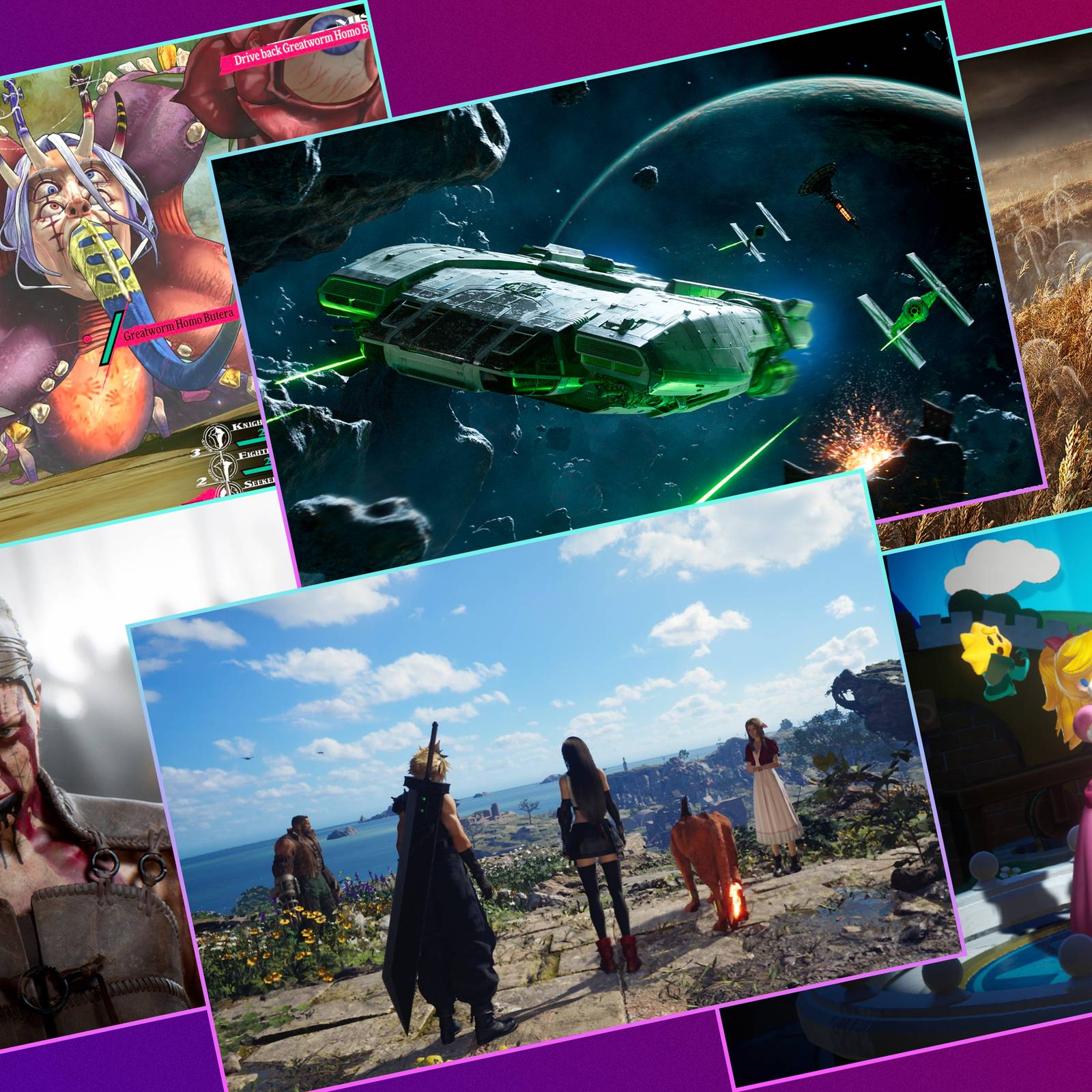 Social media screenshots of diverse gamer lists featuring Final Fantasy VII Rebirth, Metaphor: ReFantazio, Black Myth: Wukong, Baldur's Gate 3, The Legend of Zelda: Tears of the Kingdom, Super Smash Bros. Ultimate, Sonic Superstars, Stellar Blade, Helldivers 2, and Persona 3 Reload as part of the '10 Games to Get to Know Me' trend.