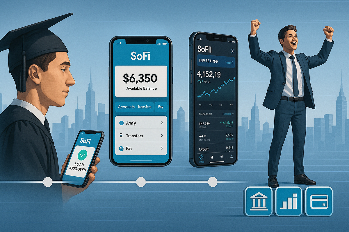 SoFi Bank app interface displaying integrated cryptocurrency trading and FDIC-insured account balances for users in 2025