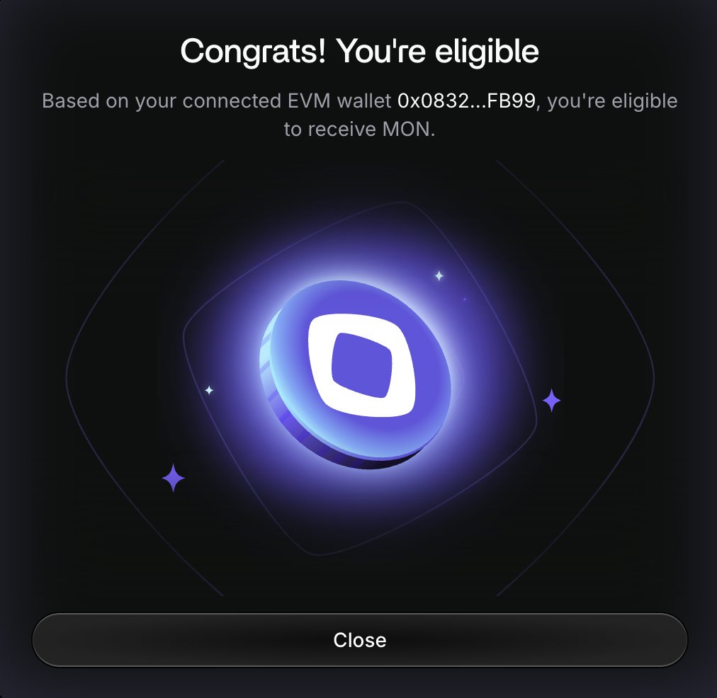 Solana Backpack wallet connected to Monad airdrop claim portal showing step-by-step claiming process in 2025