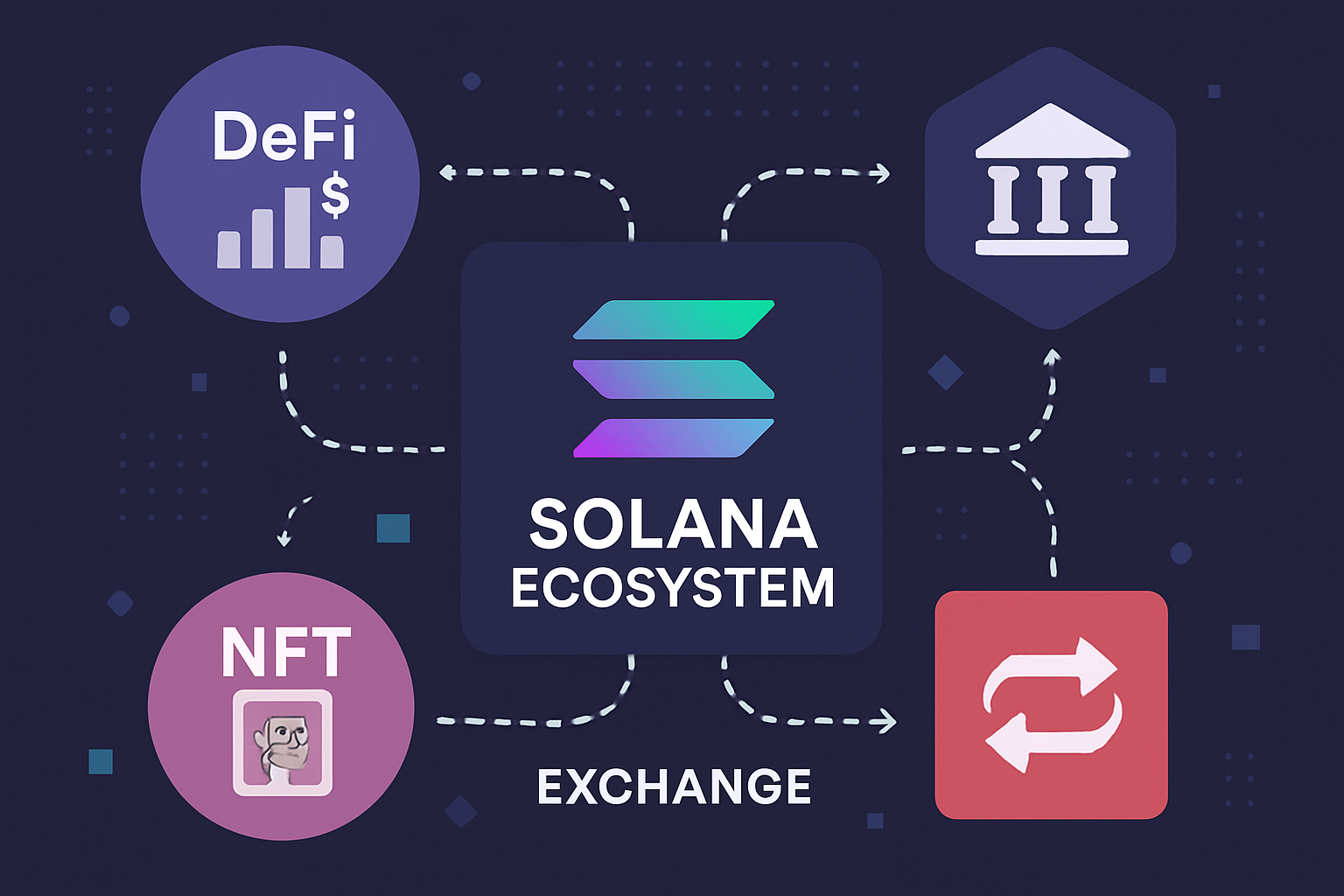 Solana ecosystem visual featuring DeFi, NFTs, and exchange integrations highlighting network resilience in 2025