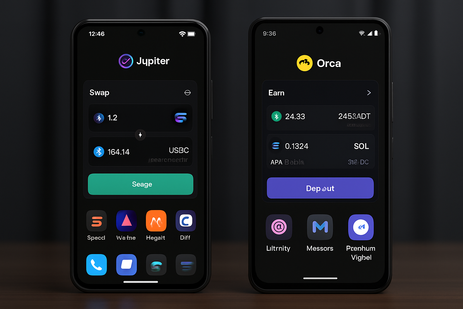 Solana Saga and Seeker smartphones displaying top 10 DeFi dapps interfaces for trading, yield farming, and wallet management in 2025, including Jupiter, Raydium, Orca, Solend, Kamino, MarginFi, Drift, Lifinity, Meteora, and Phantom Wallet.