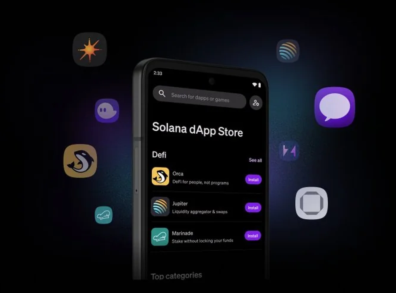 Solana Saga smartphone displaying a DeFi dashboard interface with wallet and portfolio features visible