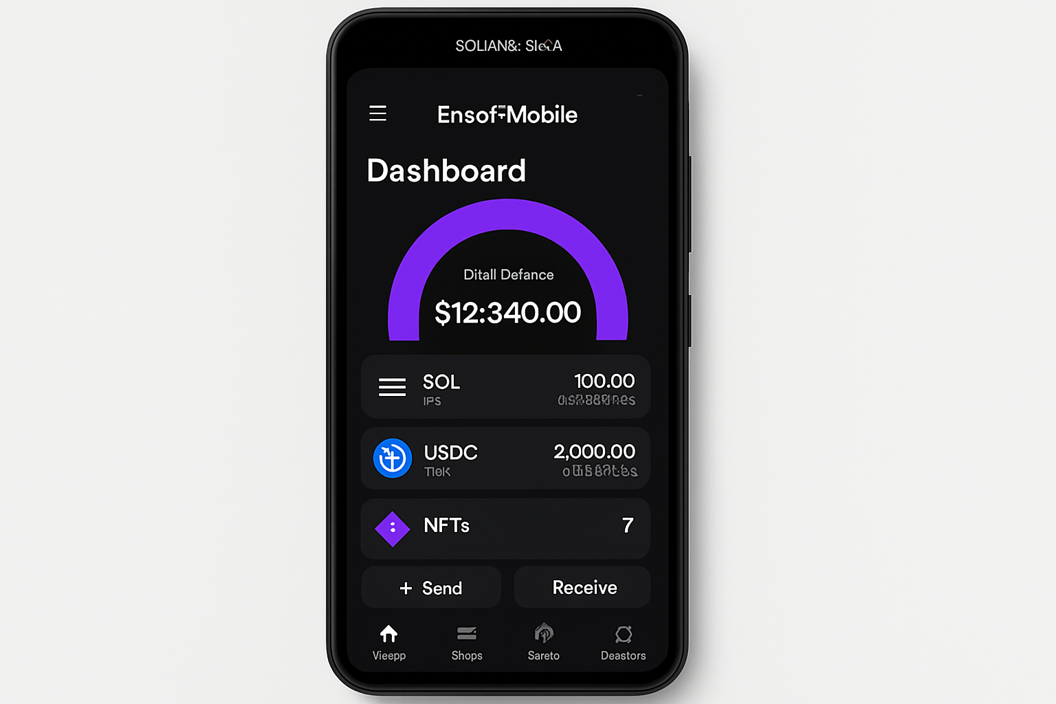 Solana Saga phone displaying the EnsoFiMobile dashboard interface for crypto users