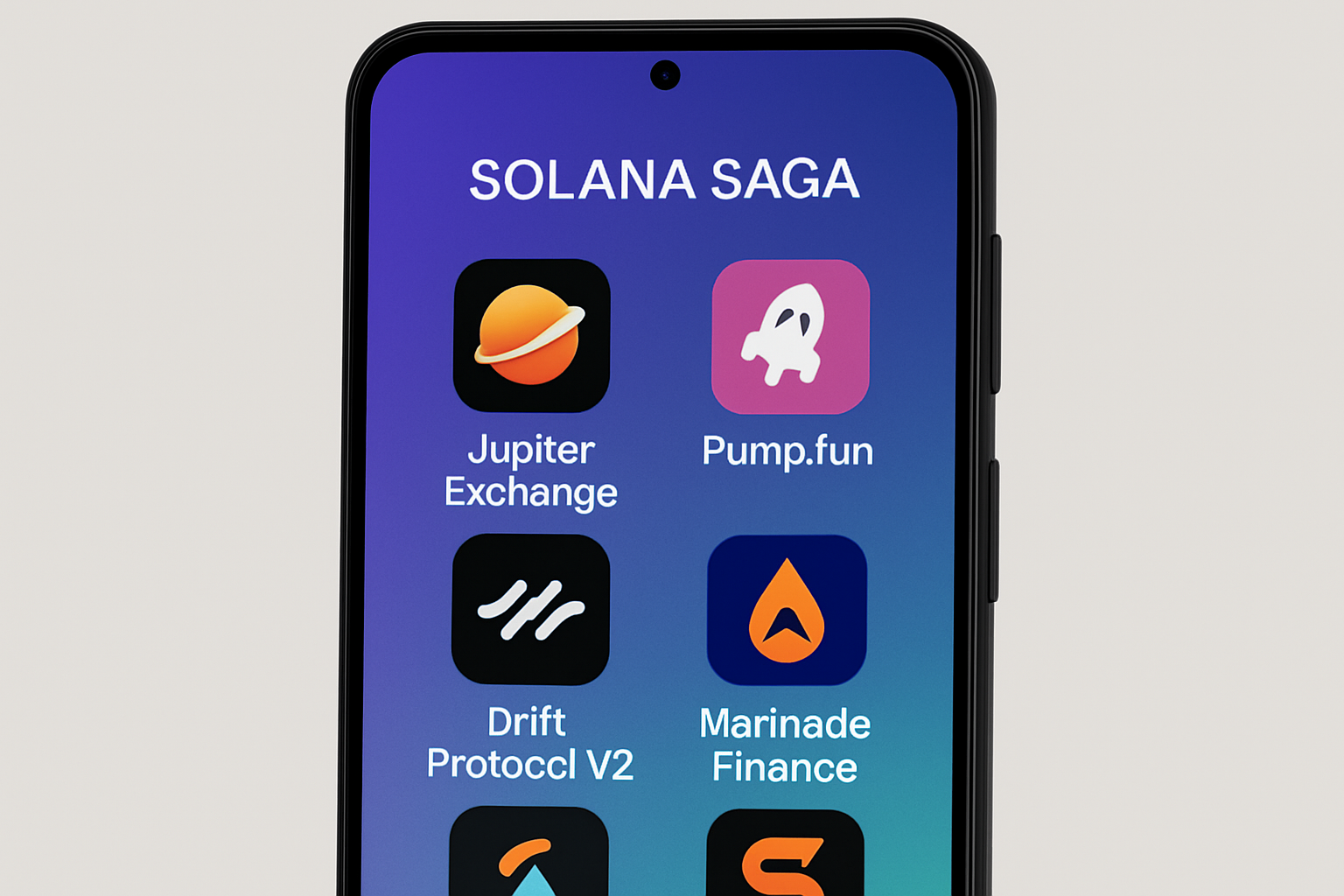 Solana Saga phone showcasing top DeFi apps: Jupiter Exchange, Pump.fun, Drift Protocol V2, Marinade Finance, and Solend on its screen