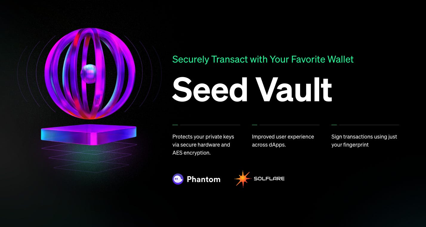 Solana Saga phone displaying the wallet setup screen with Seed Vault and Solflare wallet integration visible