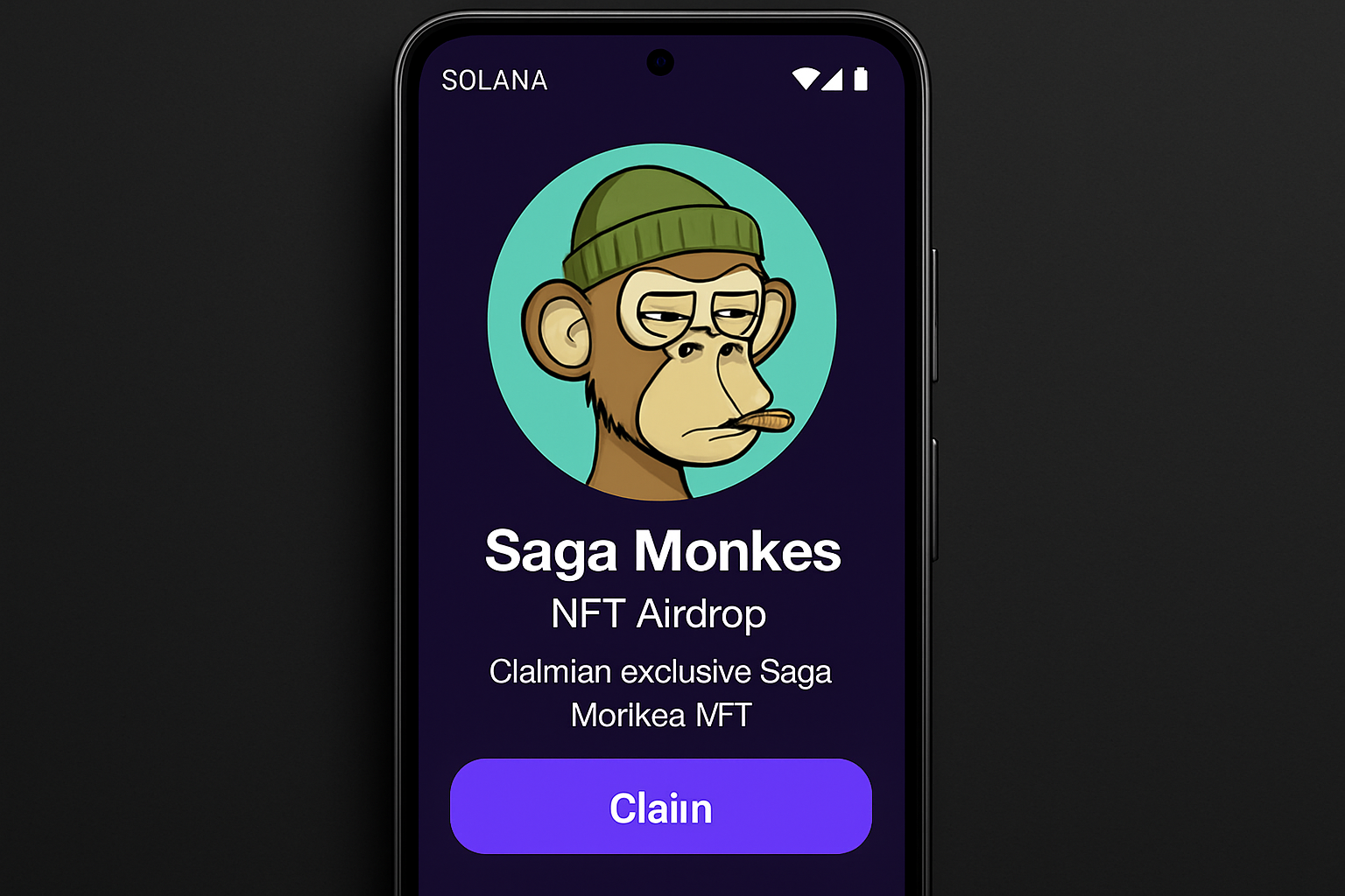 Solana Saga phone screen displaying Saga Monkes NFT collection and airdrop claim interface for exclusive rewards like SAMO, BONK, JUP tokens