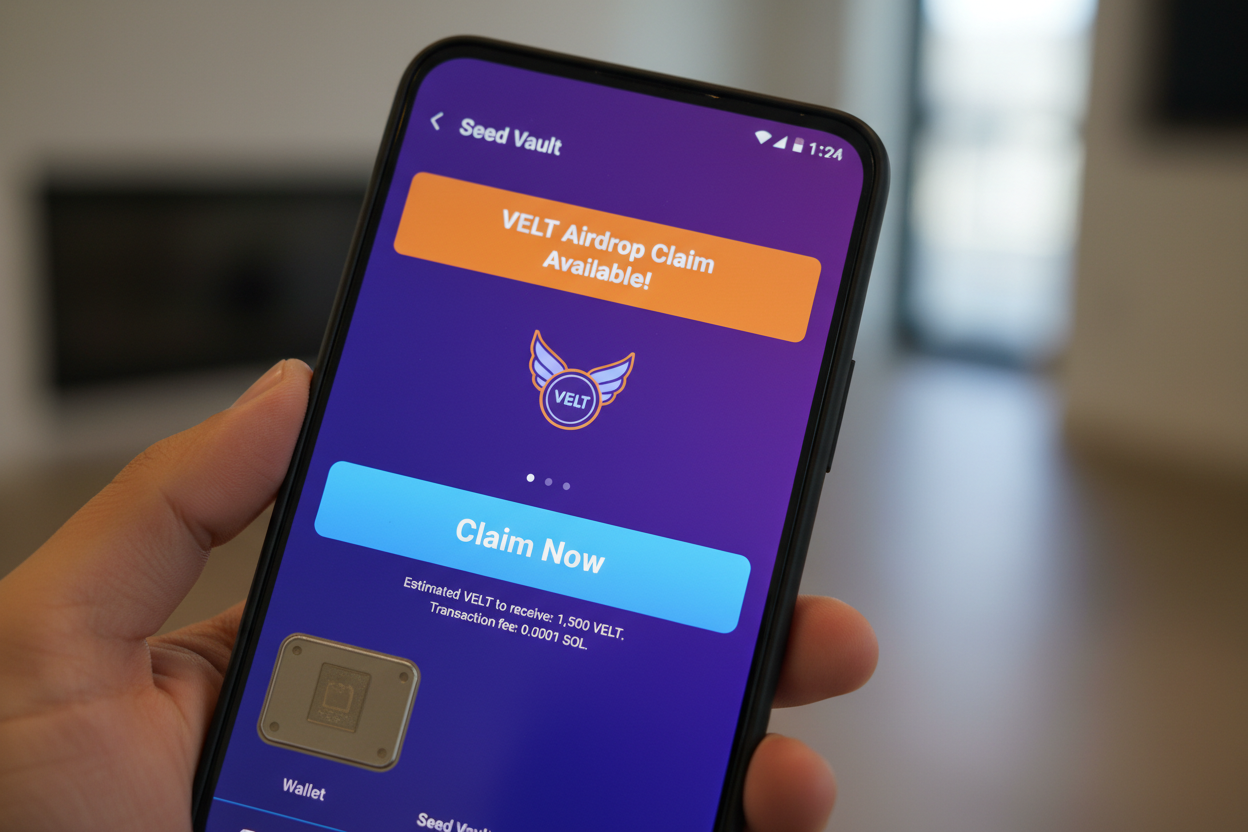 Solana Saga phone screen displaying verified VELT airdrop claim interface in Seed Vault Wallet app