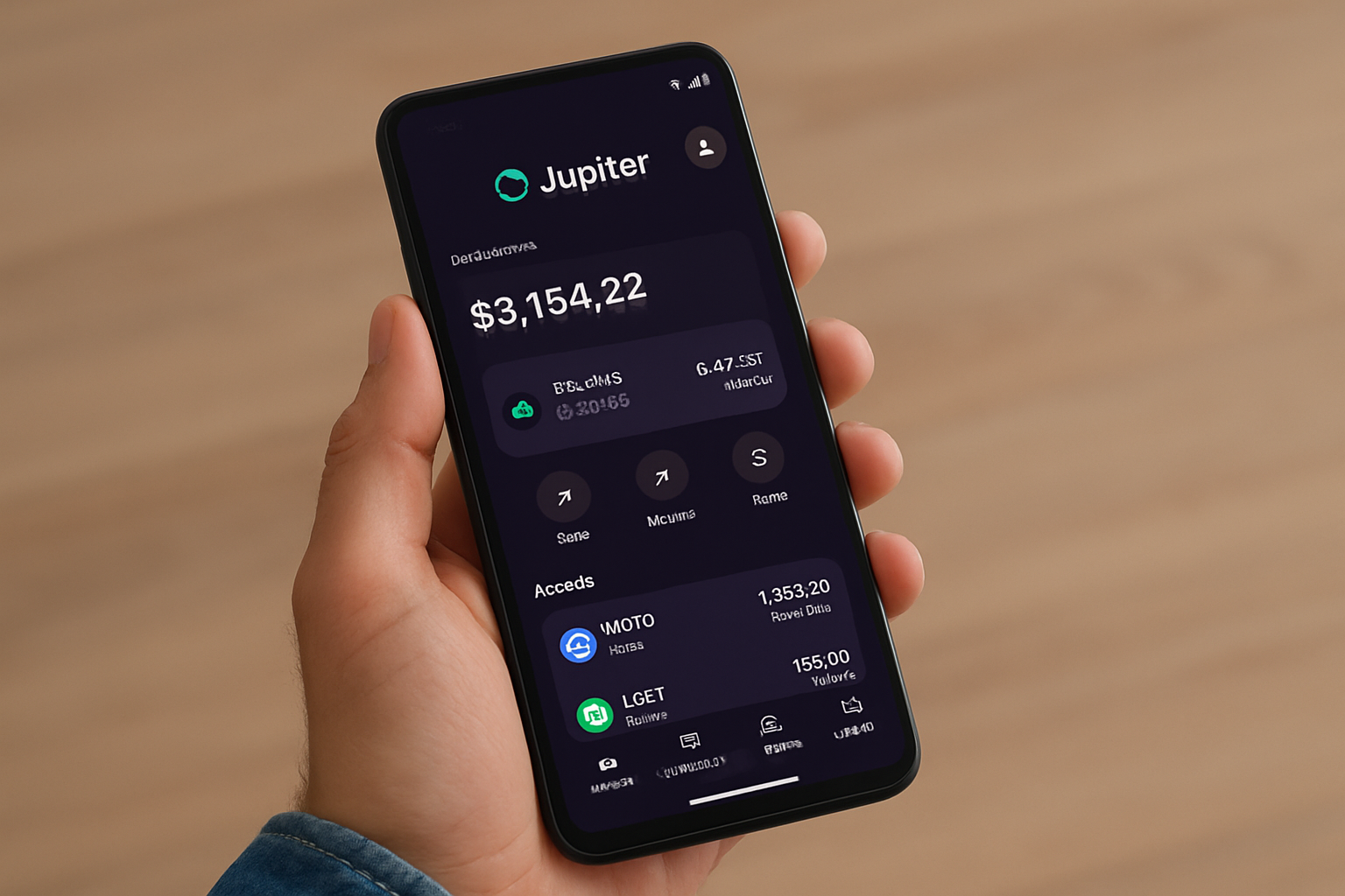 Solana Saga user holding smartphone with Jupiter Mobile Wallet app interface displayed, showcasing DeFi yield features