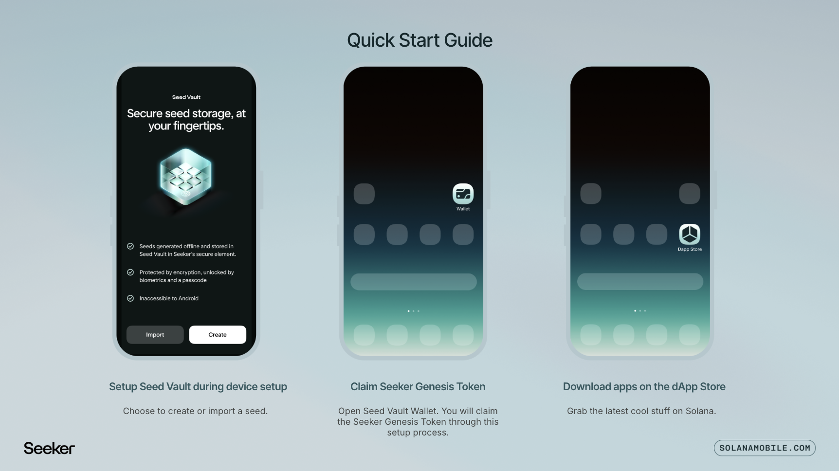 Person holding Solana Seeker phone showing Seed Vault wallet app screen for secure crypto key storage