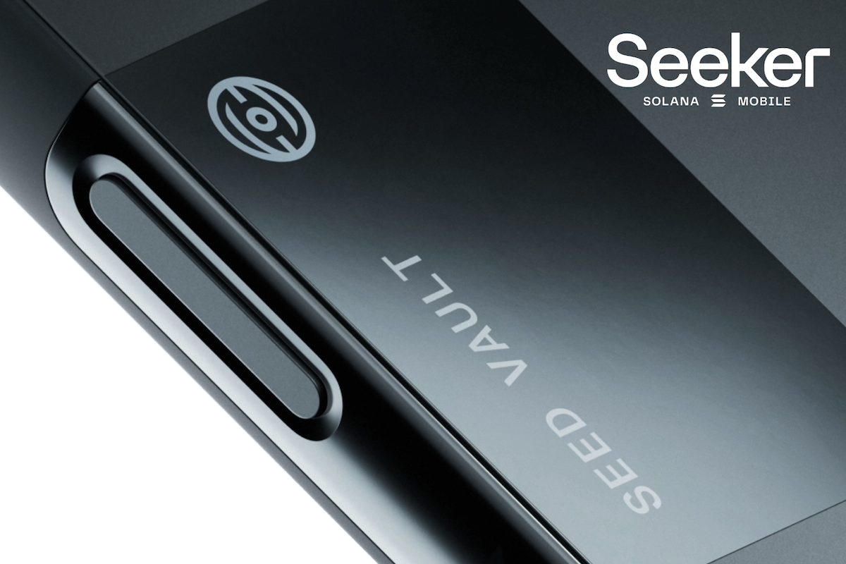 Solana Seeker smartphone displaying the dApp store and Seed Vault wallet interface, showcasing Web3 features and crypto integration in 2025