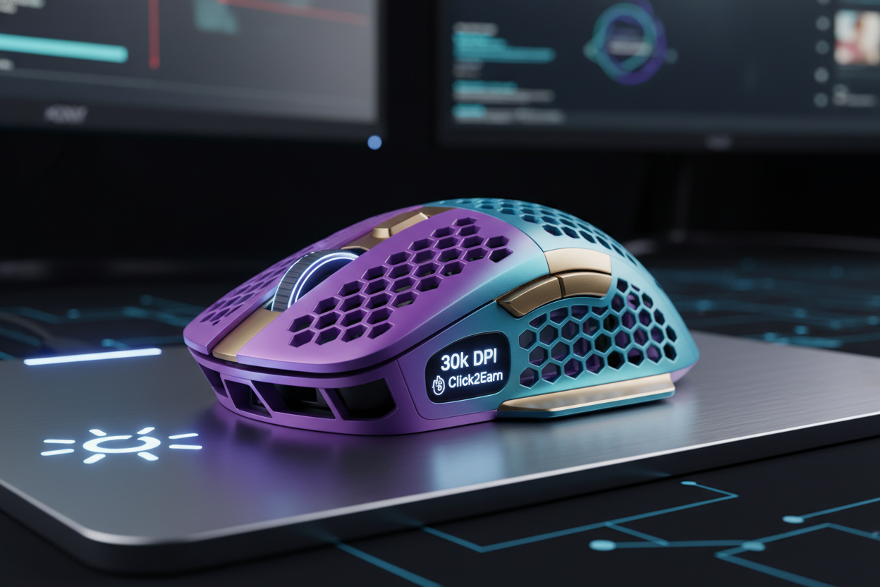 Solana Sleeper Web3 Gaming Mouse showcasing ultra-lightweight 48g design, 30k DPI precision sensor, and Click2Earn crypto rewards integration