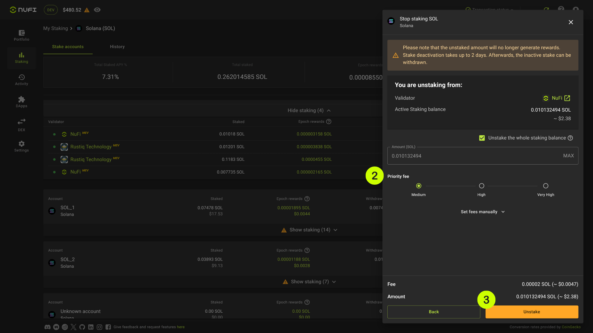Screenshot of Solana validator dashboard displaying MEV tips, staking rewards, and profit sharing metrics for validators and stakers