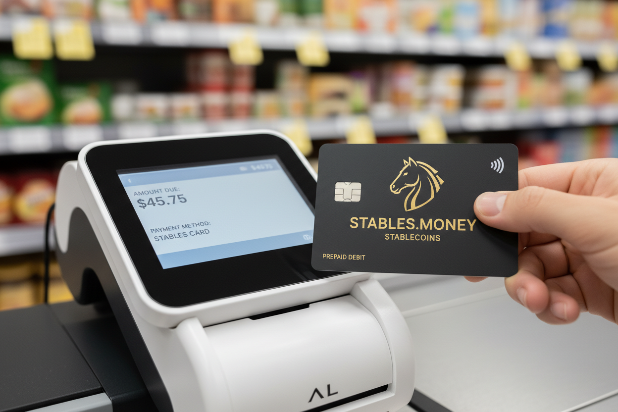 Stables Card used for seamless in-store payment with stablecoins at global merchants, showcasing crypto spending via stables.money