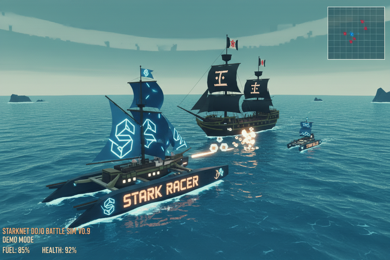 StarkWare Dojo demo screenshot of fully on-chain naval battles in StarkSailor and races in StarkRacer on Starknet, showcasing persistent game worlds inspired by Bizzy Bears and Vector