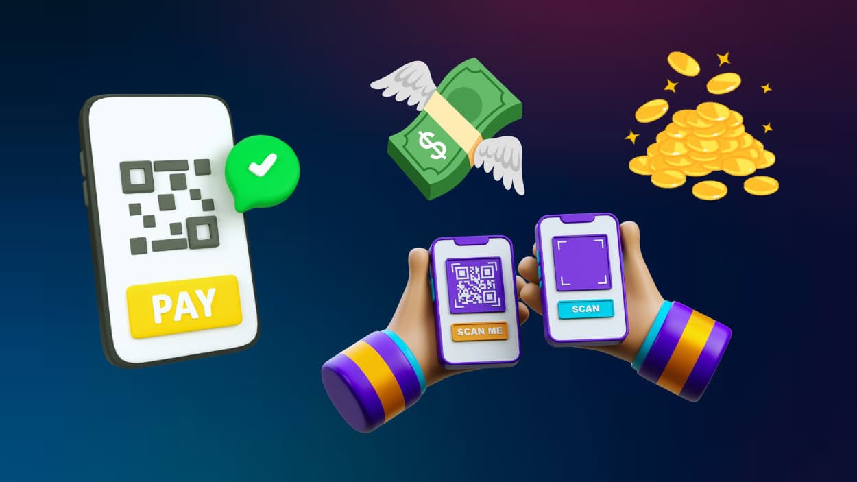 Street vendor in vibrant bustling market scanning QR code on customer phone for USDT stablecoin payment, enabling offline crypto transactions for street vendors