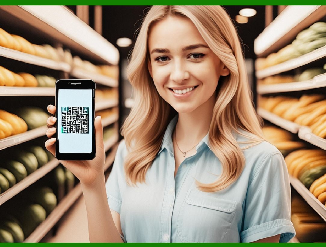 Street vendor in bustling market displaying StableQRPay USDC QR code on e-ink screen, customer scanning with smartphone for offline crypto payment