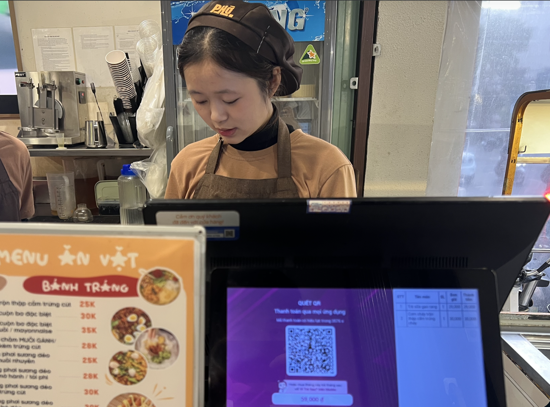 Street vendor in bustling Asian market holding smartphone displaying QR code for offline USDC stablecoin payment, eager customers scanning with phones for quick crypto transactions