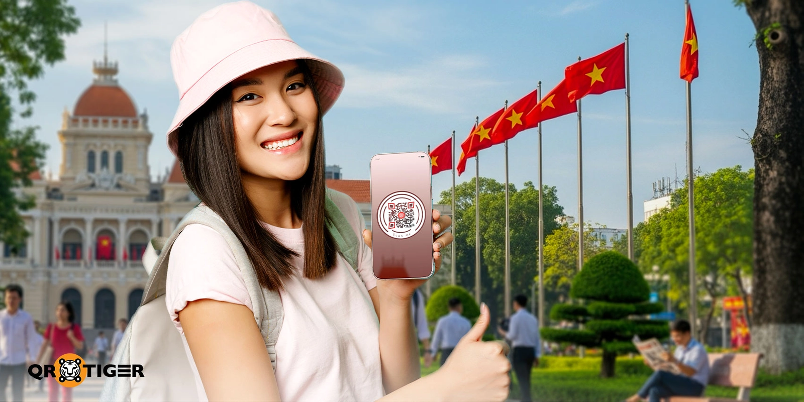 Street vendor in bustling Southeast Asian market scanning USDT QR code for offline stablecoin payment, enabling crypto transactions without internet
