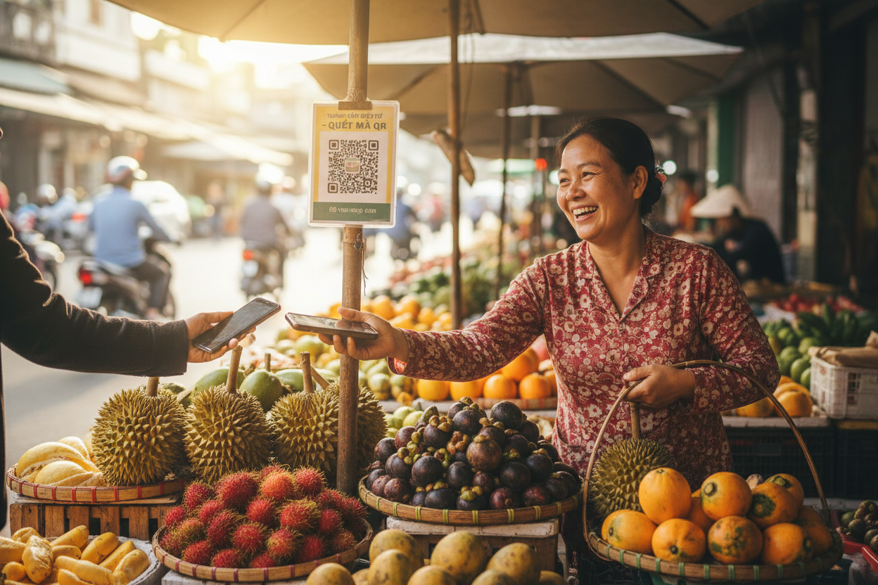 Vietnam street vendor at bustling fruits stall scanning USDC QR code with customer phone for offline stablecoin payment, no-internet sign visible