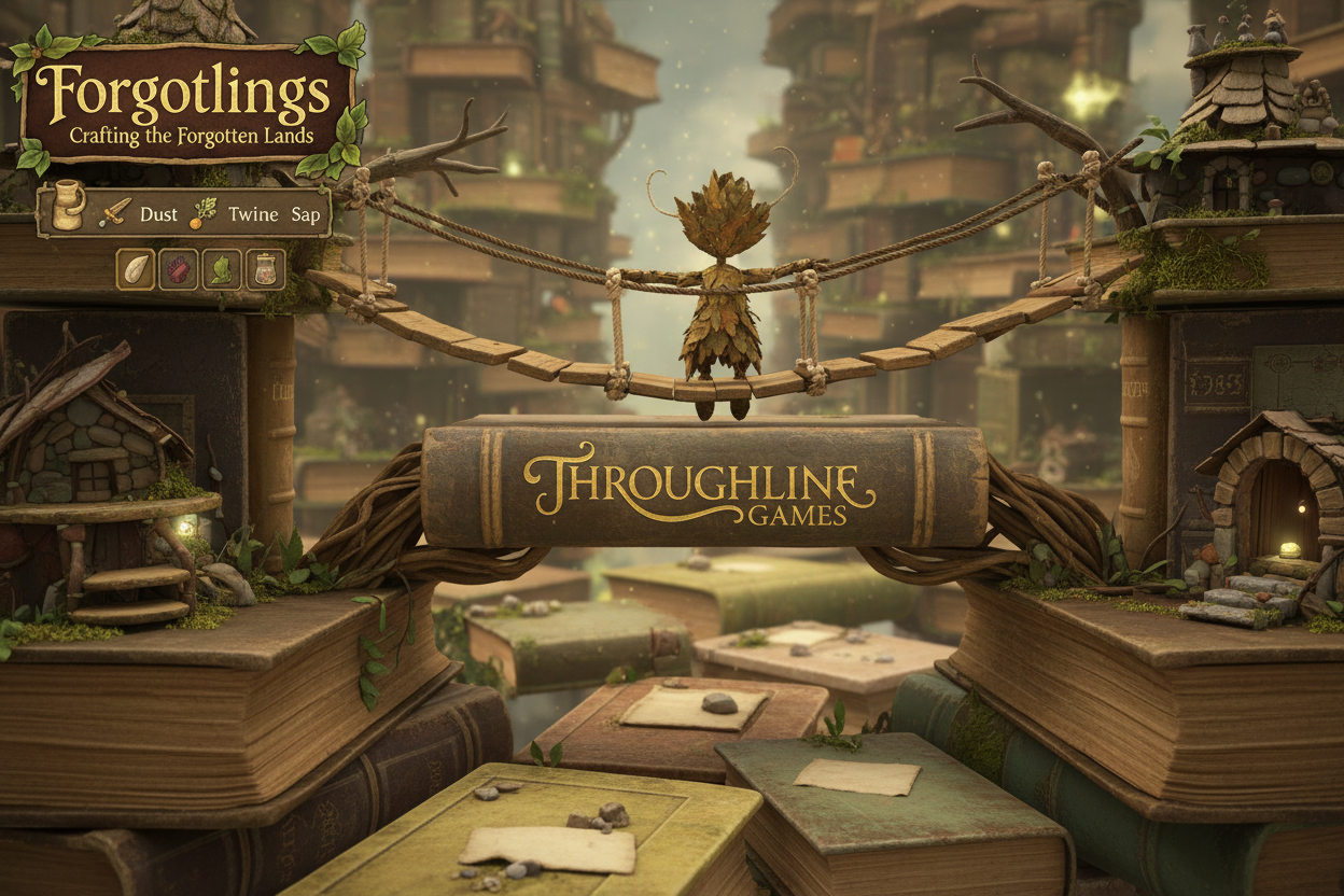 Forgotlings screenshot from Throughline Games deep dive video Crafting the Forgotten Lands featuring Fig the sentient doll exploring swinging bridges and forgotten books in whimsical world-building