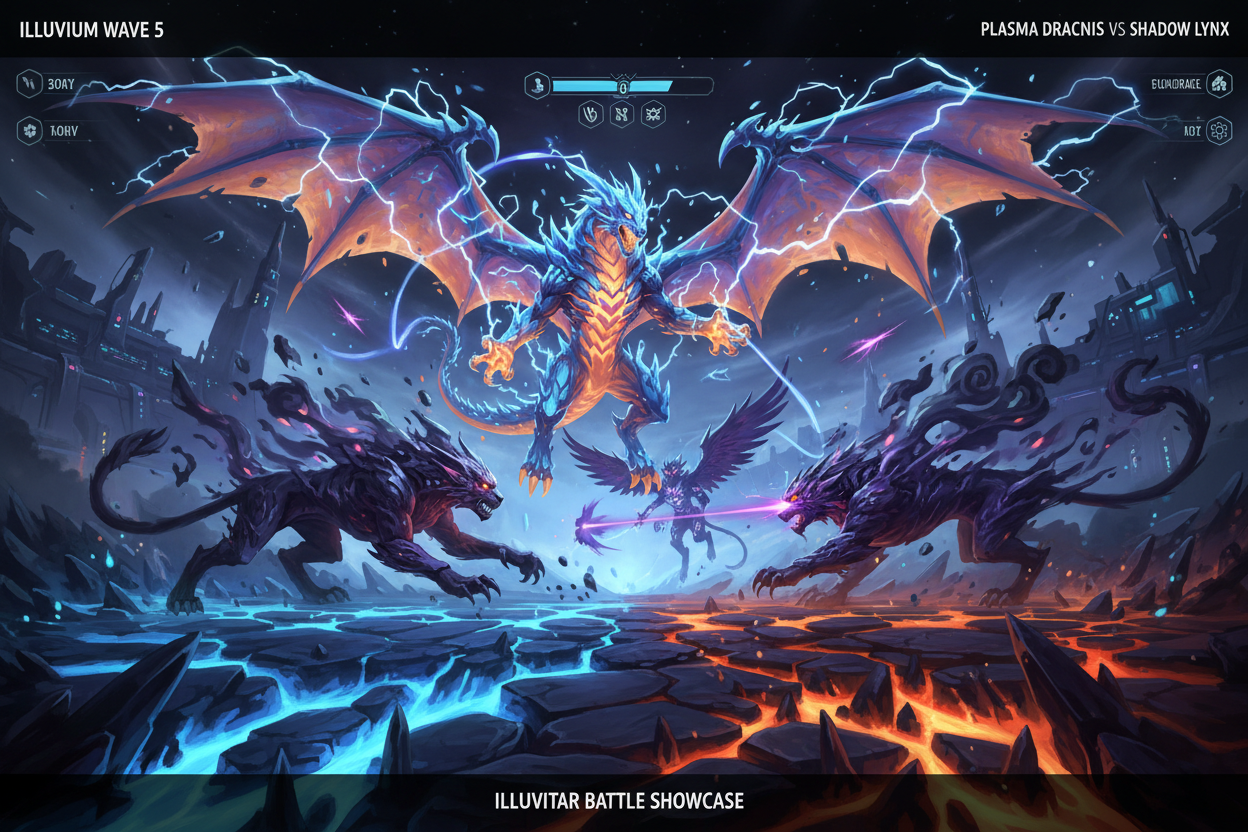 Stunning Plasma Draconis and Shadow Lynx Illuvitars in dynamic action showcase from Illuvium Wave 5 NFT collection, top high-power Illuvitars under 0.1 ETH for NFT gaming economies